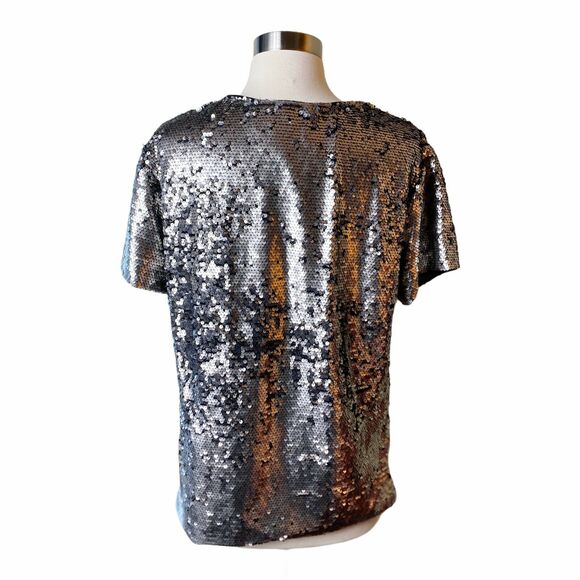 ANTHROPOLOGIE Sequin Top Short Sleeve V-Neck Vanessa Virginia Silver Small EUC - Picture 8 of 11